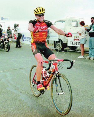 Crossing the line on the top of Mt Wellington. "This kid could win the Tour de France one day"