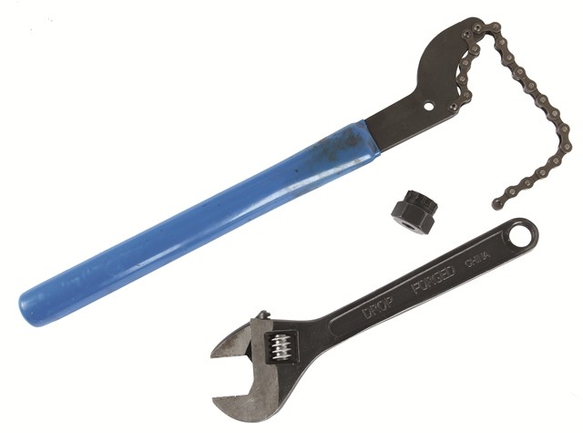 Chain whip and adjustable wrench.