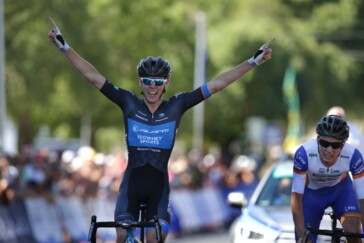 The sprint to the finish for Chris Hamilton, narrowly beating the strong climber Lucas Hamilton. Photo by Cycling Australia.