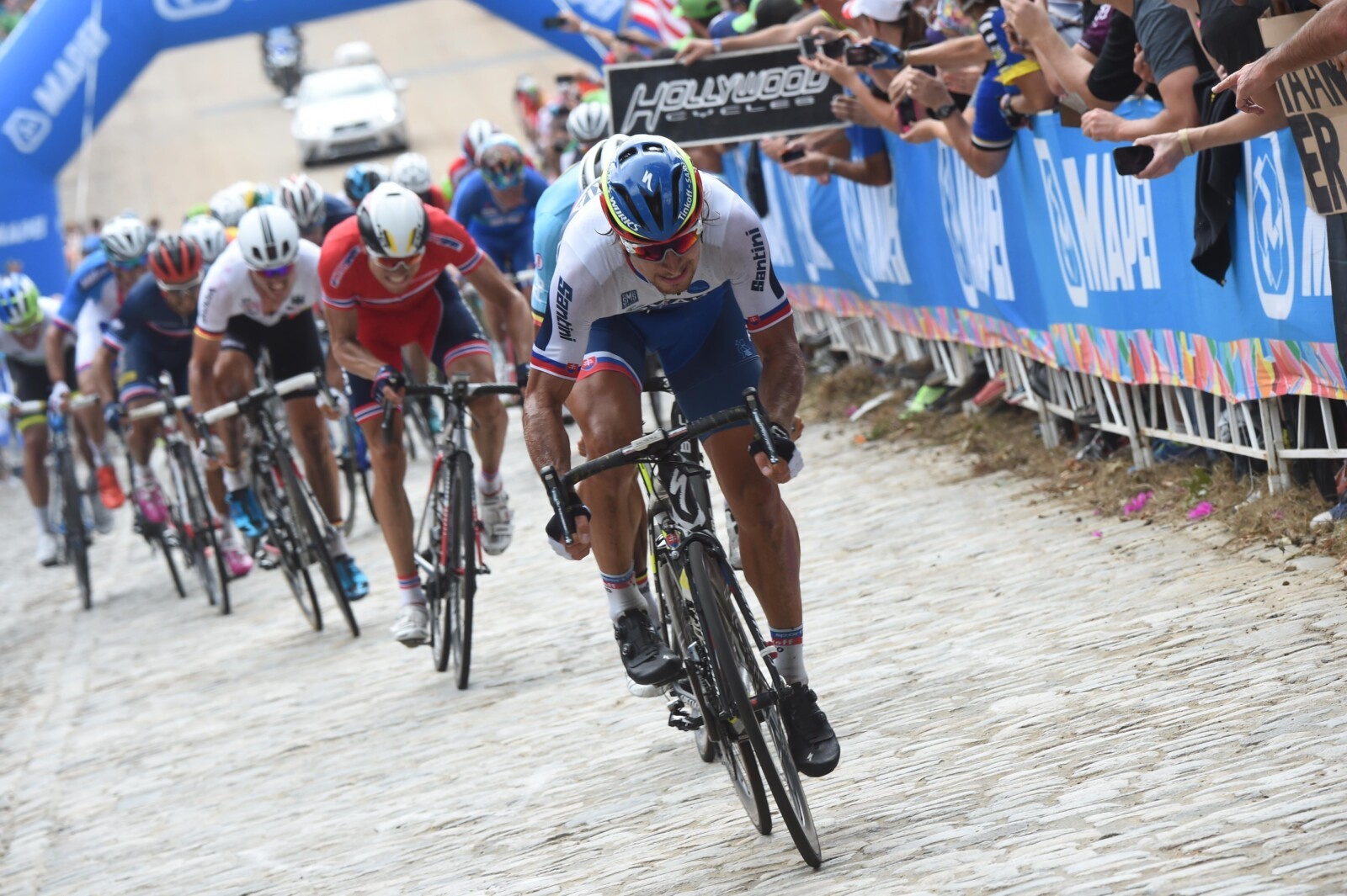Peter Sagan of Tinkoff-Saxo launching his attack at the 2015 UCI Road World Championships in Richmond, USA. Photo by Sirotti.