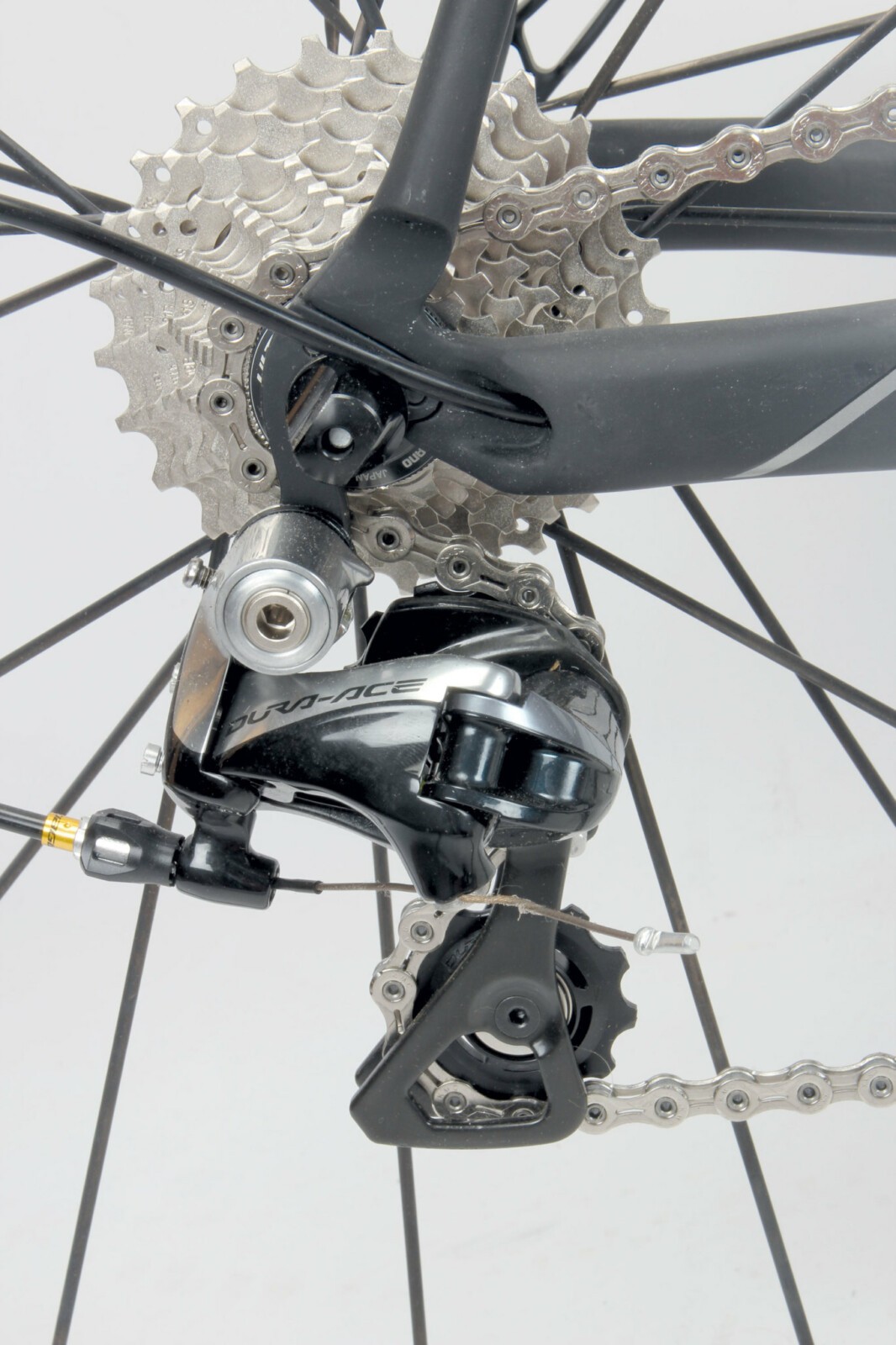 Rear derailleur cable exits the chain stay very neatly.