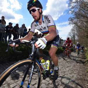 Hayman on his aero Scott Foil, a bike that stood out from the bunch as other riders in the Paris-Roubaix choose a more forgiving frame design from their quiver of bicycles. Photo by Sirotti