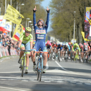 Michal Golas (SKY) rides at the front of the peloton on one of the accents of the Gulperberg in the wet. Photo by Sirotti