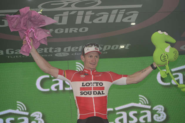 Greipel on the top step of the podium for Stage 5 of the Giro. Photo by Sirotti