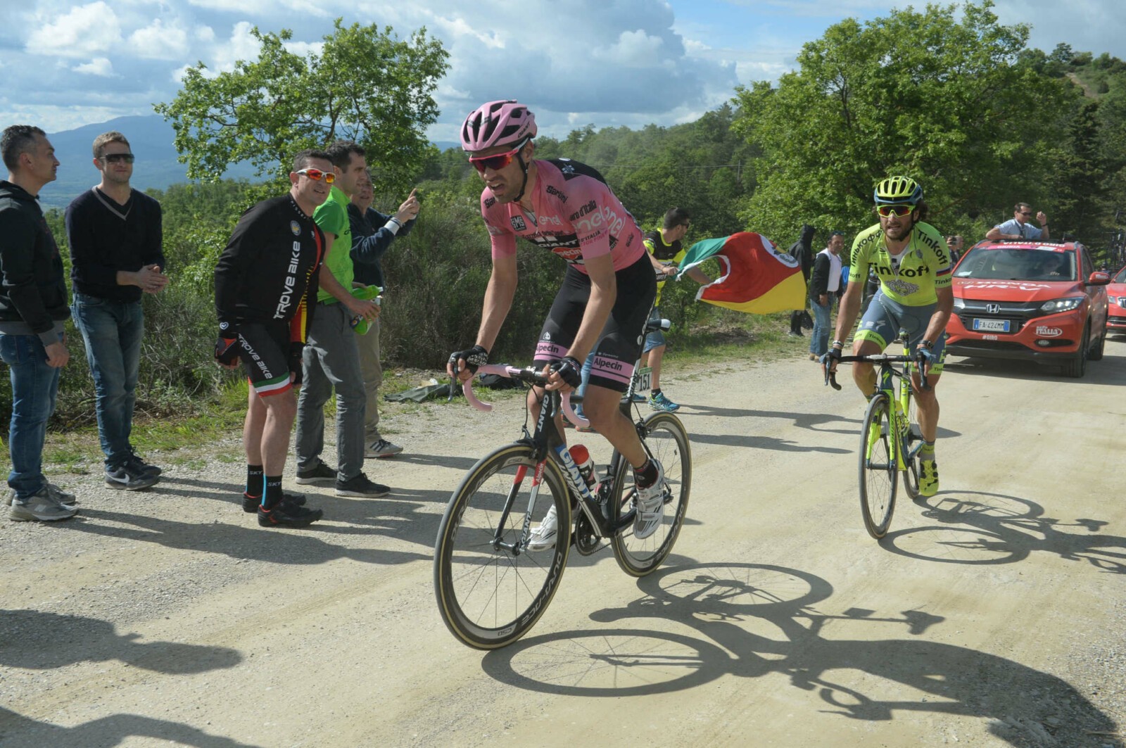 Race leader Dumoulin on the back foot ascending the Alpe Di Poti. Photo by Sirotti