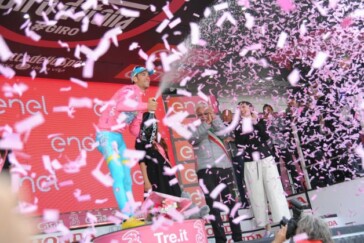 Nibali was gifted a flaming pink S-Works Tarmac to cruise around on during the last stage of the Giro to mark his victory in a flamboyant style. Photo by Sirotti