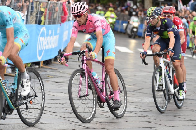 Nibali was gifted a flaming pink S-Works Tarmac to cruise around on during the last stage of the Giro to mark his victory in a flamboyant style. Photo by Sirotti