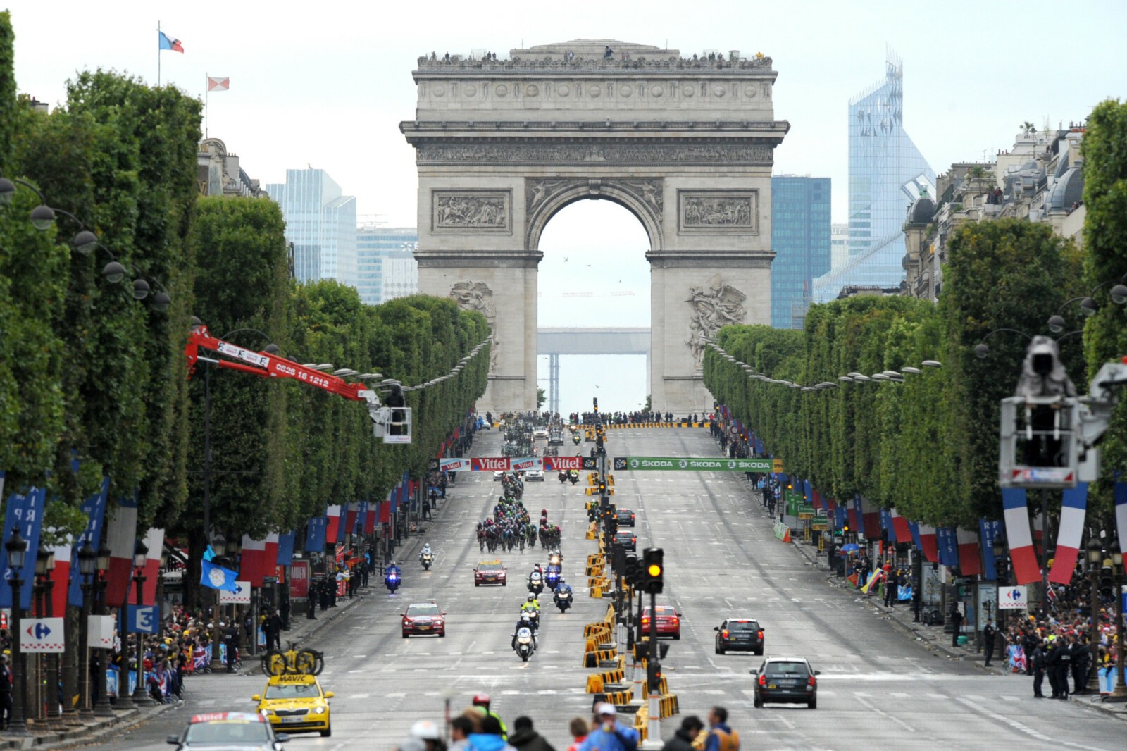 The 2015 Tour de France podium with Christopher Froome on the top step, followed by Nairo Quintana and Alejandro Valverde. Photo by Sirotti