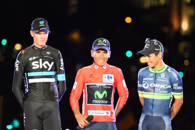 Chris Froome, Nairo Quintana and Esteban Chaves make up the final podium at la Vuelta in Spain. Image: Sirotti.