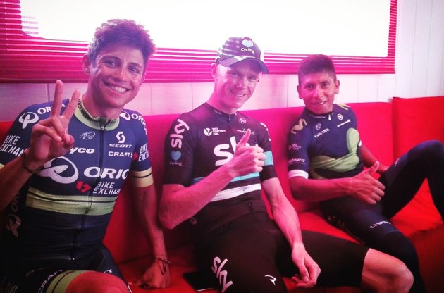 Esteban Chaves, Chris Froome and Nairo Quintana after the Stage 19 Time Trial at La Vuelta. Image: Chris Froome Twitter.