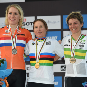 Silver medalist Ellen Van Dijk, event winner Amber Neben and Katrin Garfoot on the podium in Doha. Image: Sirotti.