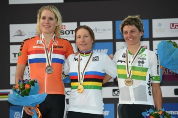Silver medalist Ellen Van Dijk, event winner Amber Neben and Katrin Garfoot on the podium in Doha. Image: Sirotti.
