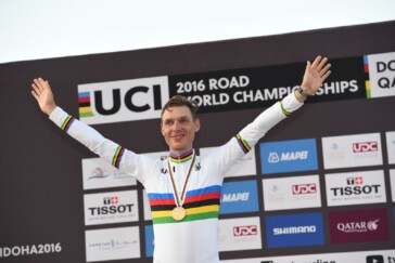 Silver medalist Ellen Van Dijk, event winner Amber Neben and Katrin Garfoot on the podium in Doha. Image: Sirotti.