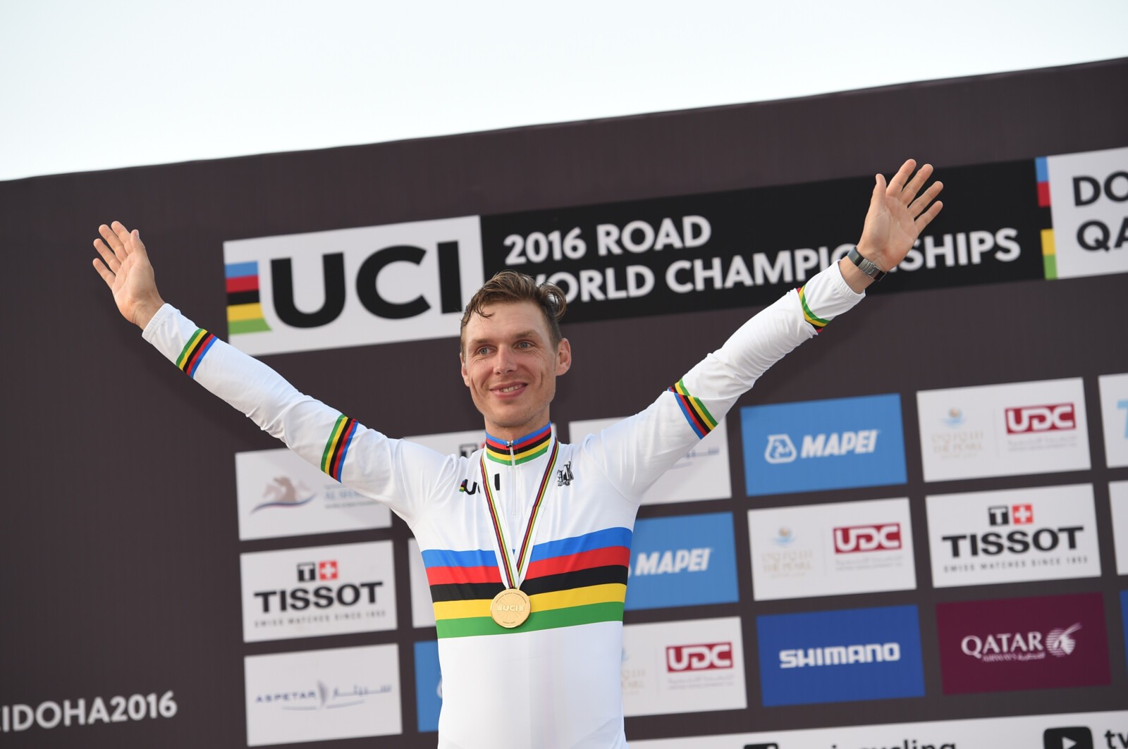 Silver medalist Ellen Van Dijk, event winner Amber Neben and Katrin Garfoot on the podium in Doha. Image: Sirotti.