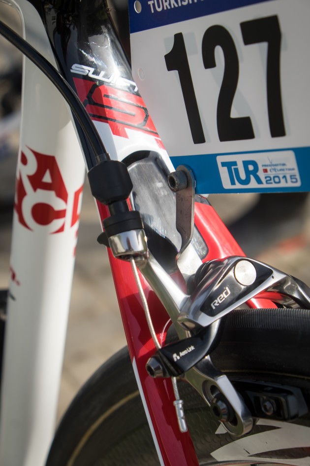 Race number plate bolted on at the brake mount.