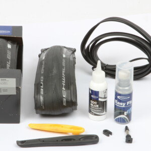 This final step ensures there are no small leaks around the bead-to-rim junction. Hold the rim at a 45-degree angle with the tyre resting on the ground. Once the sealant has settled towards the bottom of the tyre, give it a bounce and a shake to slosh the sealant against the sidewalls. Now move the tyre around an eighth of a turn and repeat. Do this all the way around on both sides and you’ll be ready to hit the road!