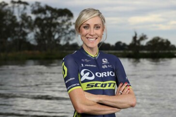 Simon Gerrans shows off the new 2017 Orica-Scott kit.