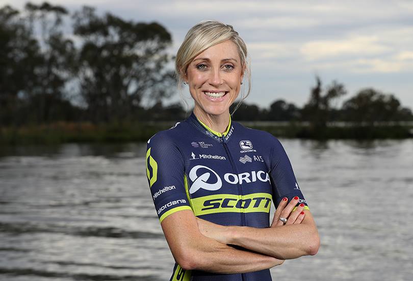 Simon Gerrans shows off the new 2017 Orica-Scott kit.