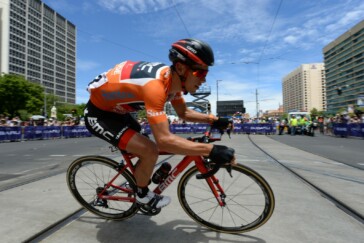 Dual World Champion Peter Sagan led teammate Jay McCarthy out for the intermediate sprint, the win giving Jay a 3-second time bonus which put him on the overall podium. Image: Nat Bromhead