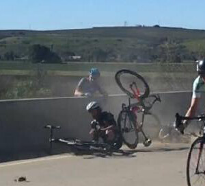 Mike Allec was left clinging to the wrong side of a bridge after a crash during the closing metres of a race in Nevada.Image: Carefast/Storck Cycling Team.