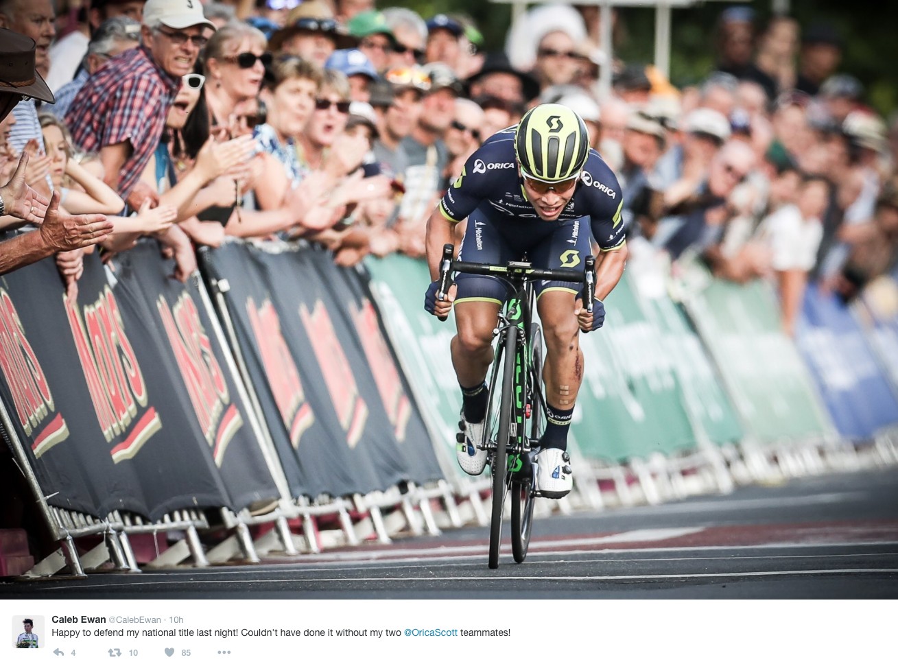 Caleb Ewan posted this photo to Twitter soon after his sizzling win at the National Criterium Championships. Image: Caleb Ewan/ Twitter.