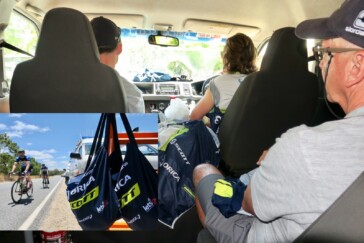 The Shimano neutral service team with Ochre Jersey winner Richie Porte at Paracombe.