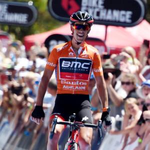 Jay McCarthy waves to supporters during the second lap of the McLaren Vale circuit. Photo: Mark Ryder.