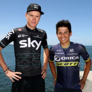 The Shimano neutral service team with Ochre Jersey winner Richie Porte at Paracombe.