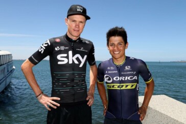 The Shimano neutral service team with Ochre Jersey winner Richie Porte at Paracombe.
