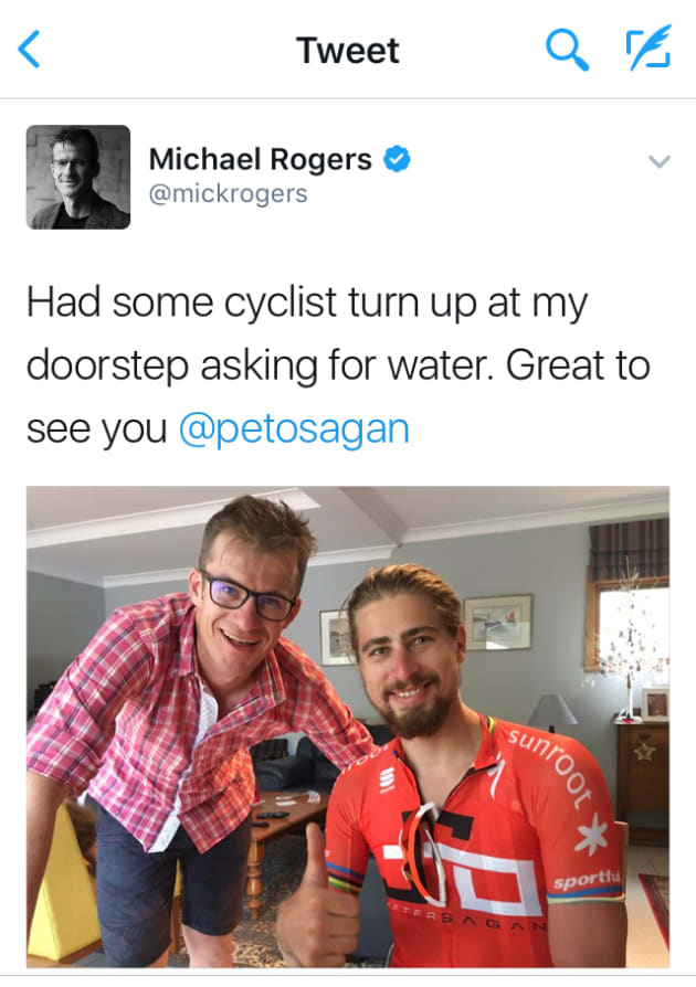 Former Tinkoff teammate Michael Rogers posted to Instagram