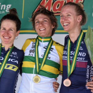 Katrin Garfoot, Lucy Kennedy and Amanda Spratt on the podium after the Elit Women's Road Race in Buningyong. Image: Kirsty Baxter Twitter.