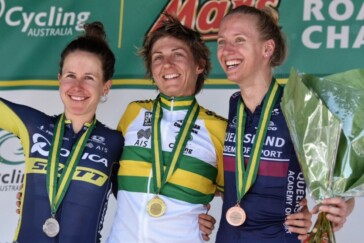 Katrin Garfoot, Lucy Kennedy and Amanda Spratt on the podium after the Elit Women's Road Race in Buningyong. Image: Kirsty Baxter Twitter.