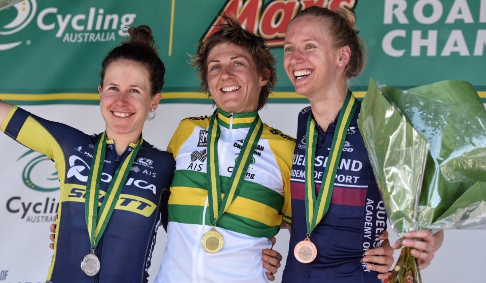 Katrin Garfoot, Lucy Kennedy and Amanda Spratt on the podium after the Elit Women's Road Race in Buningyong. Image: Kirsty Baxter Twitter.