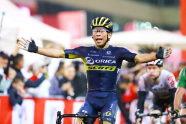 Van Vleuten, Chantal Blaak of Boels-Dolmans and winner Lucinda Brand of Team Sunweb celebrate after the race. Image: Orica-Scott
