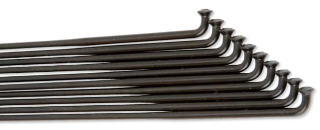 Double butted spokes, thicker for a short length at either end to cope with the forces of attachment, and thinner and lighter in the centre to reduce weight.