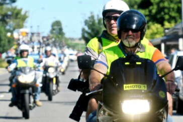 Australian cycling journalist Rupert Guiness with UK cycling journalist John Wilcockson and Graham Watson at the 2012 Tour de France. Image: R. Guiness.