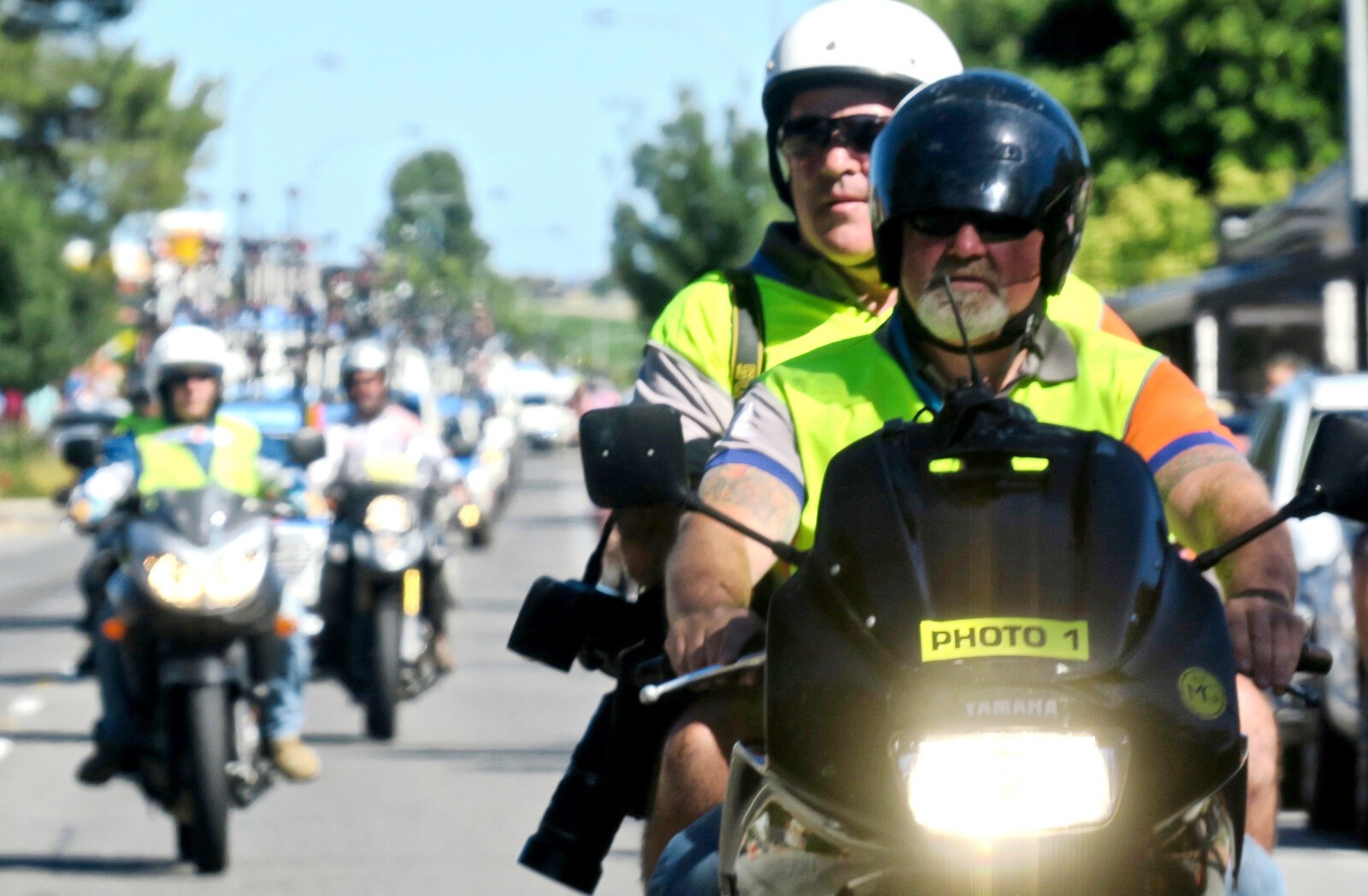 Australian cycling journalist Rupert Guiness with UK cycling journalist John Wilcockson and Graham Watson at the 2012 Tour de France. Image: R. Guiness.