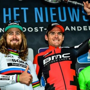 Van Vleuten, Chantal Blaak of Boels-Dolmans and winner Lucinda Brand of Team Sunweb celebrate after the race. Image: Orica-Scott