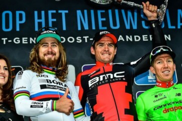 Van Vleuten, Chantal Blaak of Boels-Dolmans and winner Lucinda Brand of Team Sunweb celebrate after the race. Image: Orica-Scott