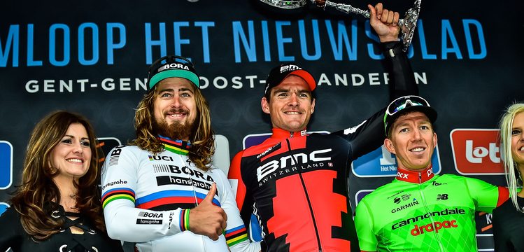 Van Vleuten, Chantal Blaak of Boels-Dolmans and winner Lucinda Brand of Team Sunweb celebrate after the race. Image: Orica-Scott