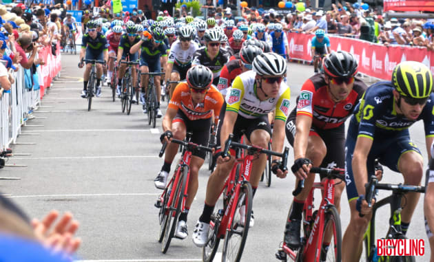 Race winner Richie Porte being protected by teammates during the stage finish into Victor Harbour. Image: Nat Bromhead