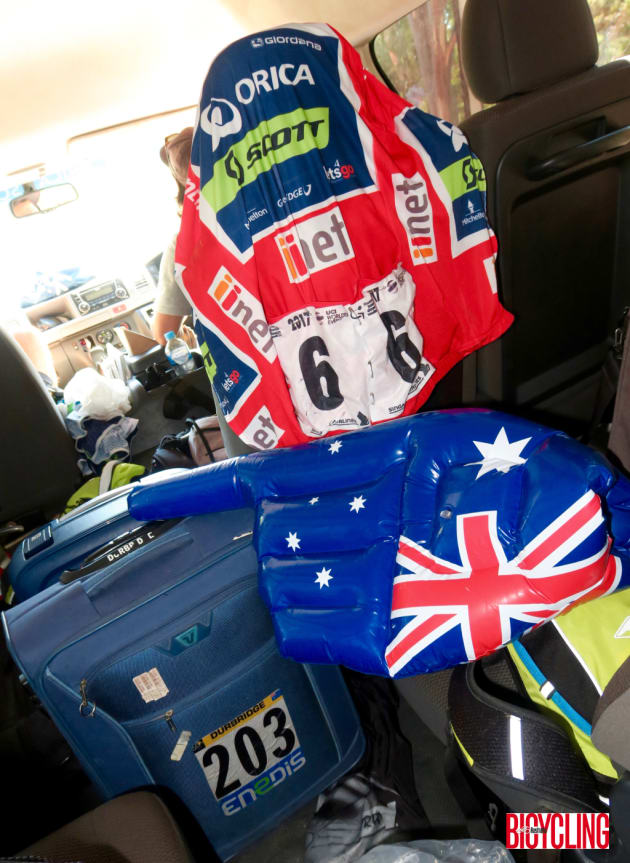 Caleb Ewan's winning jersey draped over the seat of the Orica-Scott team support van after Stage 4 of the race. Image: Nat Bromhead.