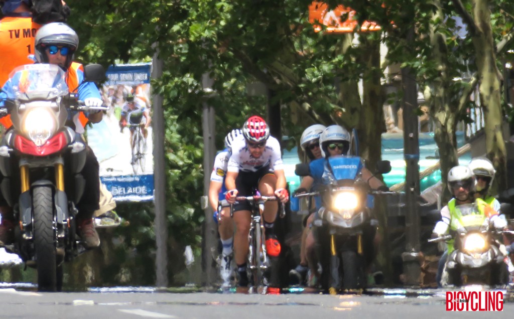Lotto-Soudal's Thomas de Gendt off the front during the final stage, a street circuit criterium through Adelaide city. Image: Nat Bromhead