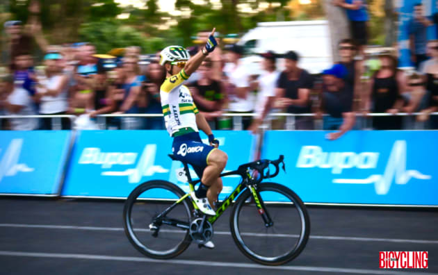Sprint sensation Caleb Ewan celebrates his win off the 2017 People's Choice Classic in Adelaide. Image: Nat Bromhead.