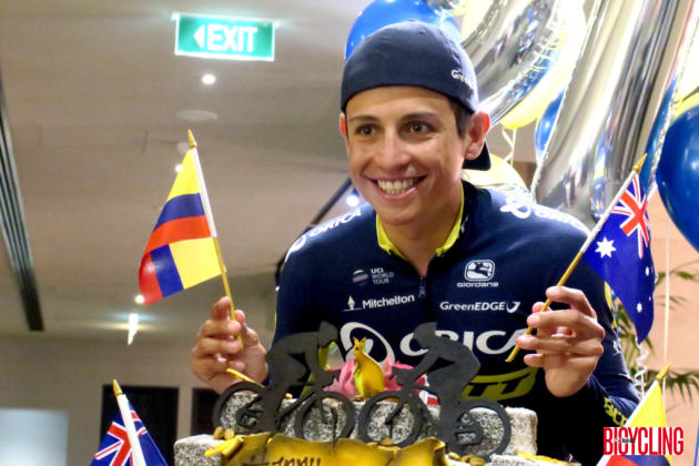 The 'Colombian Kangaroo' - Esteban Chaves celebrates his 27th birthday during the 2017 Santos Tour Down Under. Image: Nat Bromhead