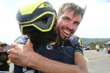 Damien Howson crosses the line after the challenging uphill stage to falls Creek. Image: Con Chronis.