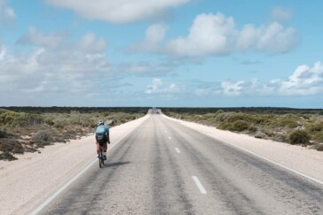 Juliana Buhring on Day 1 of the Indian Pacific Wheel Race as riders left Fremantle. Image Werner F / IPWR.