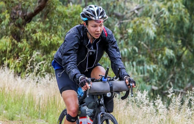 Juliana Buhring on Day 1 of the Indian Pacific Wheel Race as riders left Fremantle. Image Werner F / IPWR.