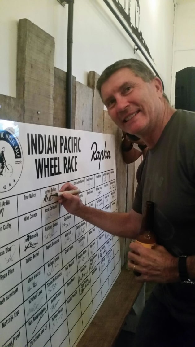 Kerwyn signs on to the 5500km Indian Pacific Wheel Race. Image: Supplied.