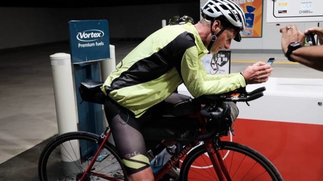 Kristof stops to assess his position late on Tuesday night at a remote South Australia roadhouse. Image: IPWR.
